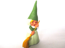 Sweeping Gnome figurine green dress, Gnome after a design by Rien Poortvliet, Brb Gnome with broom, Lisa the Gnome.