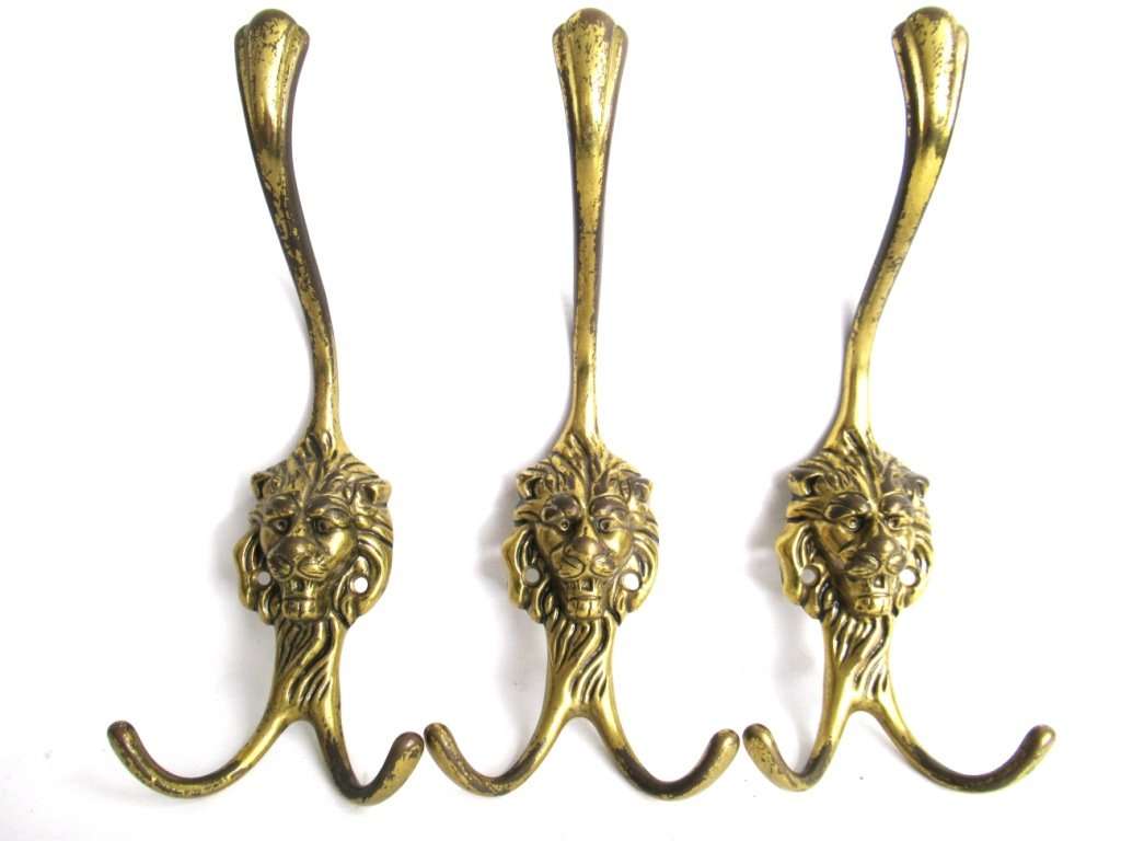 UpperDutch:Hooks and Hardware,Coat hooks, Set of 3 Brass Lion Head Wall hooks