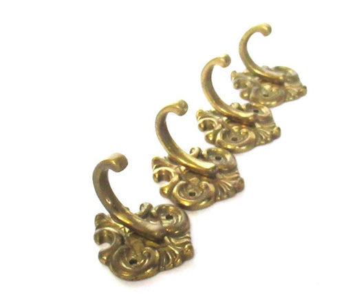 Set of 4 Vintage Towel hooks, Kitchen hook, Solid brass coat hooks.