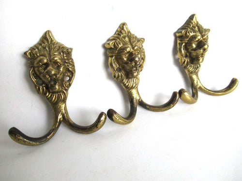 UpperDutch:Hooks and Hardware,Lion Wall hooks, Set of 3 Brass Lion Head Coat hook, Wall hooks.