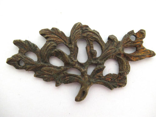 Antique ornate brass escutcheon, keyhole cover, cabinet hardware, furniture applique.