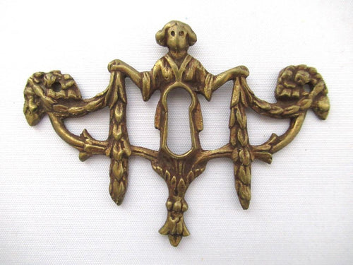 Antique brass escutcheon, keyhole cover, cabinet hardware, furniture applique.