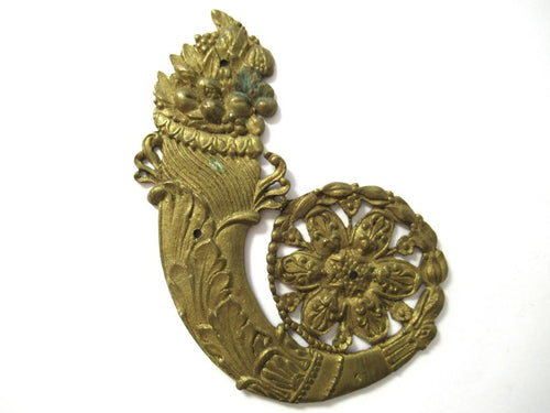 Antique Brass furniture applique, embellishment, pediment, cornucopia, horn of plentiful.