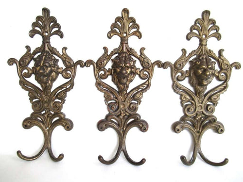 UpperDutch:Hooks and Hardware,Set of 3 Lion Coat Hooks, Vintage Antique Lion Head Coat Hook, Victorian style.