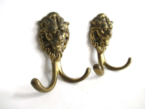UpperDutch:Hooks and Hardware,Lion Wall hooks, Set of 2 Brass Lion Head Coat hook, Wall hooks, Solid Brass.