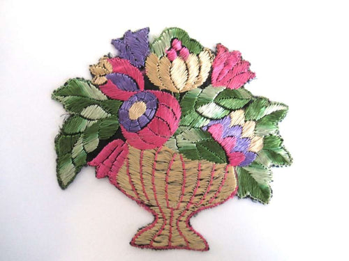 UpperDutch:Sewing Supplies,Antique Applique, flower basket applique, 1930s vintage embroidered applique. Sewing supply.