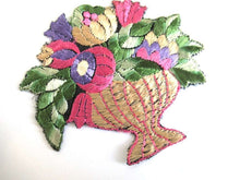 UpperDutch:Sewing Supplies,Antique Applique, flower basket applique, 1930s vintage embroidered applique. Sewing supply.