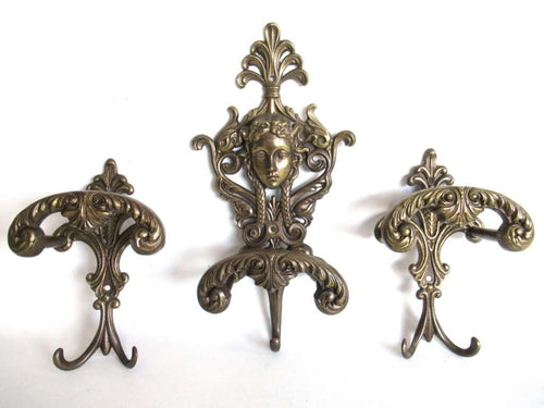 UpperDutch:Hooks and Hardware,Set Solid Brass Ornate Wall hooks, Coat hooks, Angel, Woman. Made in Italy. Victorian Style.