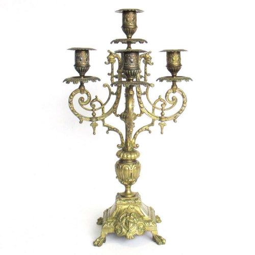 UpperDutch:Candelabras,Antique 5-arm candle holder. Antique Solid Brass 5 arm Candelabra with Griffins / Dragons.
