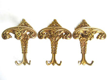 UpperDutch:Hooks and Hardware,Set of 3 Antique Coat hooks, Wall hooks, Solid Brass Ornate Victorian style hooks, made in Italy.
