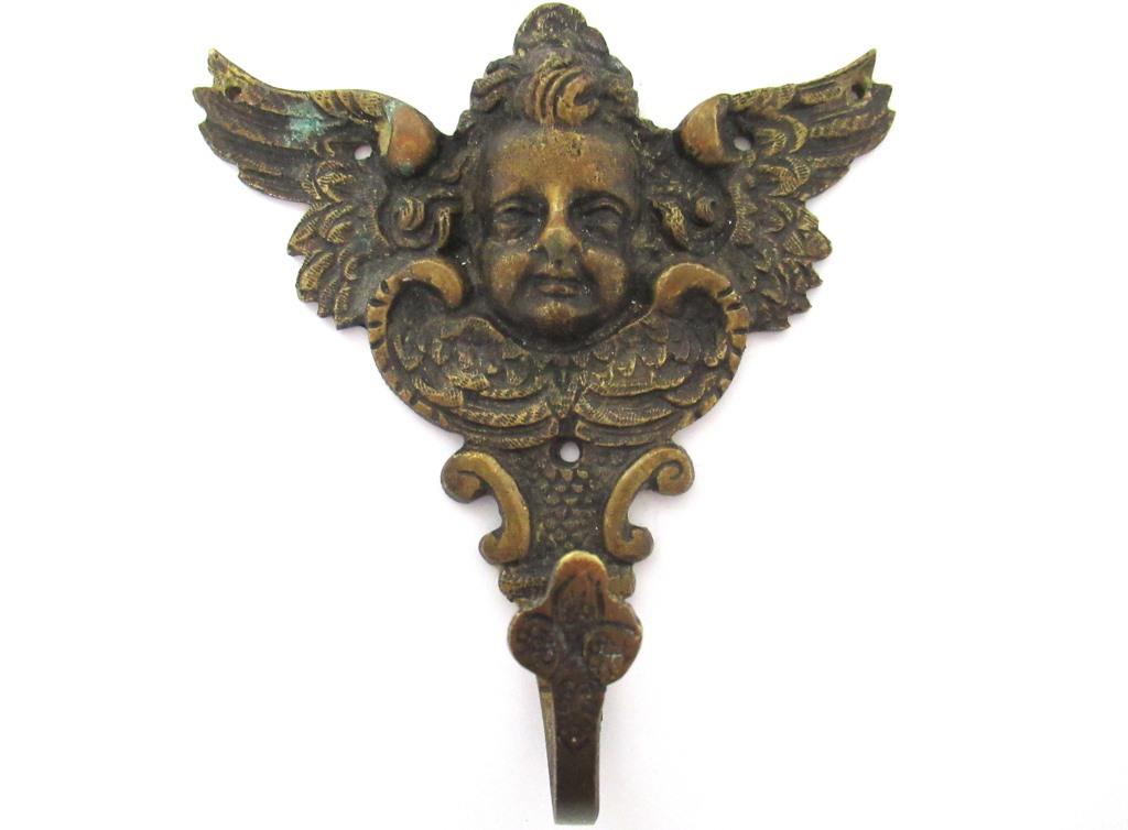 Antique Brass Ornate Angel hook, Coat hook, Cherub, kitchen / towel hook.