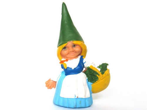 Gnome figurine with Basket, Rien Poortvliet, Brb Gnome, Lisa the Gnome in blue dress.