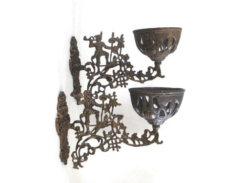 UpperDutch:,Set of 2 Antique Oil Lamp Holder with Bracket, Haunting scene, Wall Mount Sconce, Wall Sconce. Antique decor, candle holder
