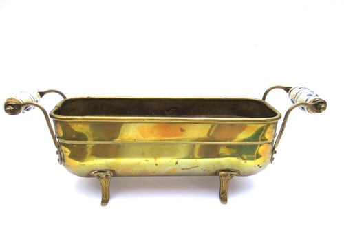 Brass Planter with Delft porclain handles, Blue and white delft.