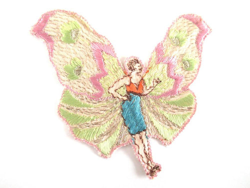 UpperDutch:Applique,Rare Antique Fairy Applique 1930s, Flapper girl, Silk on Cotton, butterfly, patch.