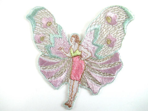 UpperDutch:Applique,Rare Antique Fairy Applique 1930s, Flapper girl, Silk on Cotton, butterfly, patch.