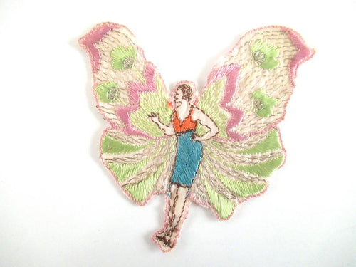UpperDutch:Applique,Rare Antique Fairy Applique 1930s, Flapper girl, Silk on Cotton, butterfly, patch.