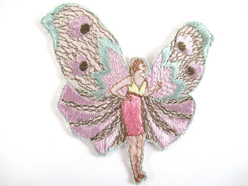 UpperDutch:Applique,Rare Antique Fairy Applique 1930s, Flapper girl, Silk on Cotton, butterfly, patch.