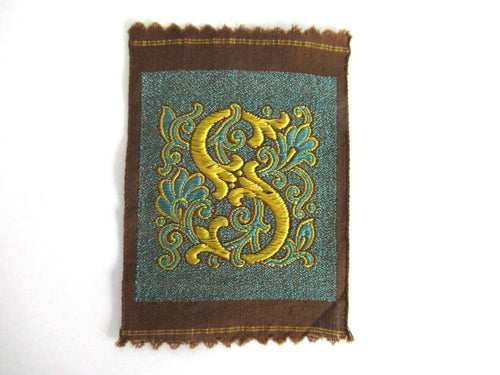 UpperDutch:,Letter S monogram Applique,  1930s Vintage Embroidered applique. Alphabet letter S Monogram application, antique letter.