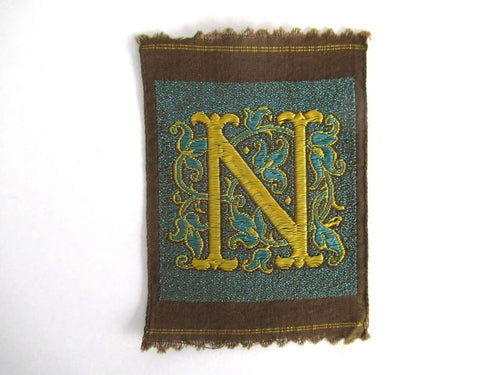 UpperDutch:,Letter N monogram Applique,  1930s Vintage Embroidered applique. Alphabet letter N Monogram application, antique letter.