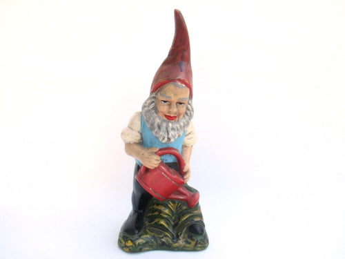 Antique Garden Gnome with watering can, terracotta.