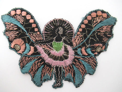 UpperDutch:Applique,Rare Antique Fairy Applique 1930s, Flapper girl, Silk on Cotton, butterfly.