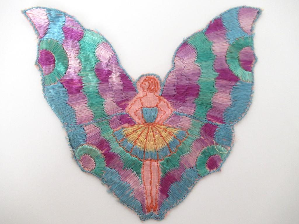 UpperDutch:Applique,Rare Antique Fairy Applique 1930s, Flapper girl, Silk on Cotton, butterfly.