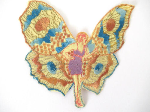 UpperDutch:Applique,Rare Antique Fairy Applique 1930s, Flapper girl, Silk on Cotton, butterfly.