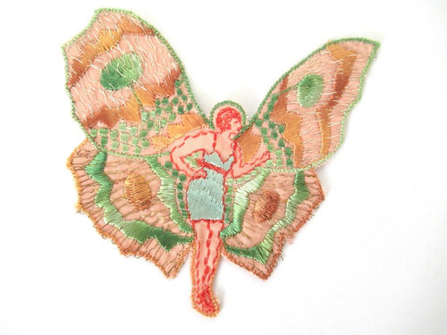 UpperDutch:Applique,Rare Antique Fairy Applique 1930s, Flapper girl, Silk on Cotton, butterfly.