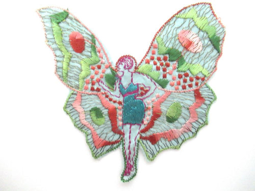 UpperDutch:Applique,Rare Antique Fairy Applique 1930s, Flapper girl, Silk on Cotton, butterfly, patch.