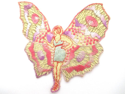 UpperDutch:Applique,Rare Antique Fairy Applique 1930s, Flapper girl, Silk on Cotton, butterfly.