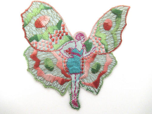 UpperDutch:Applique,Rare Antique Fairy Applique 1930s, Flapper girl, Silk on Cotton, butterfly, patch.
