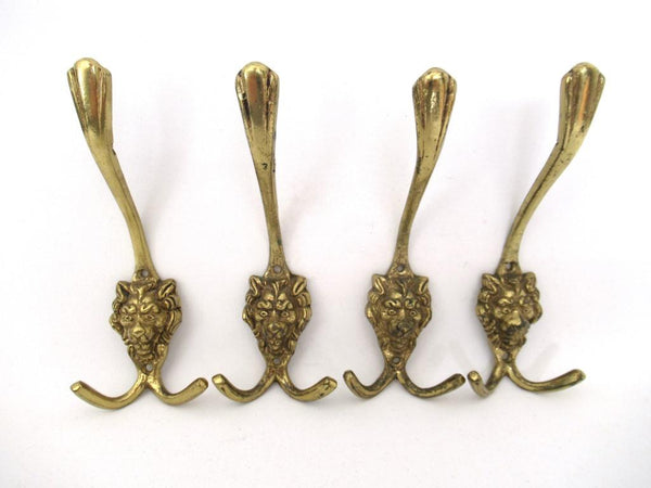 Set of 4 Solid Brass Lion Head Coat hook / Wall hooks.