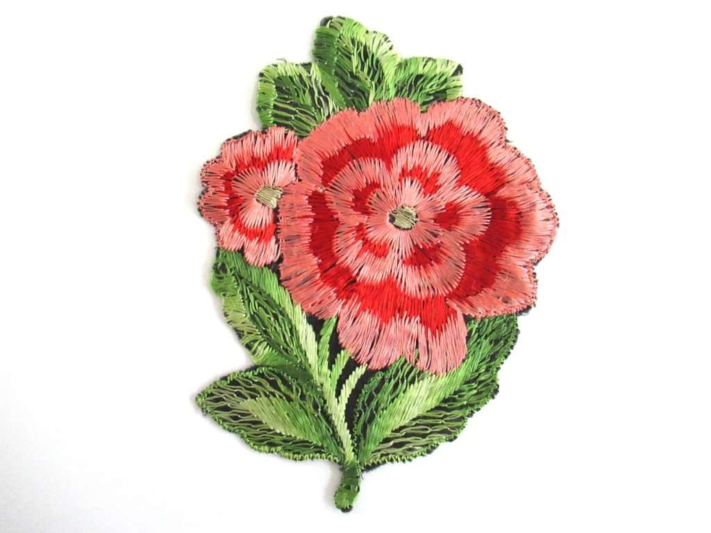UpperDutch:,Red Pink Flower applique 1930s vintage embroidered applique. Vintage floral patch, sewing supply.