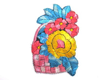 UpperDutch:,Silk Flower Basket Applique 1930s Vintage Embroidery Floral Patch Sewing Supply.