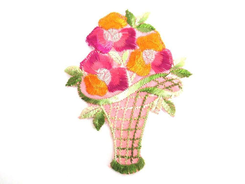UpperDutch:,Silk Flower Basket Applique 1930s Vintage embroidery Floral Patch Sewing Supply.