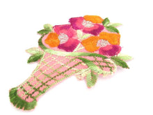UpperDutch:,Silk Flower Basket Applique 1930s Vintage embroidery Floral Patch Sewing Supply.