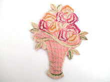 UpperDutch:,Silk Flower Basket Applique 1930s Vintage embroidery Floral Patch Sewing Supply.