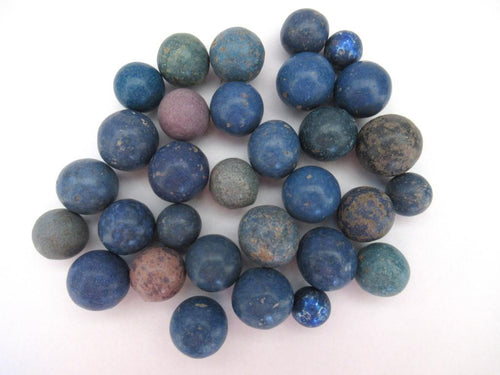 Set of 30 Blue Antique Clay Marbles - Blue