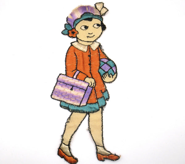 Antique Applique Silk on Cotton, Very rare Collectible 1930's A Lady with bag Applique. Tobacciana Cigarette Insert Card