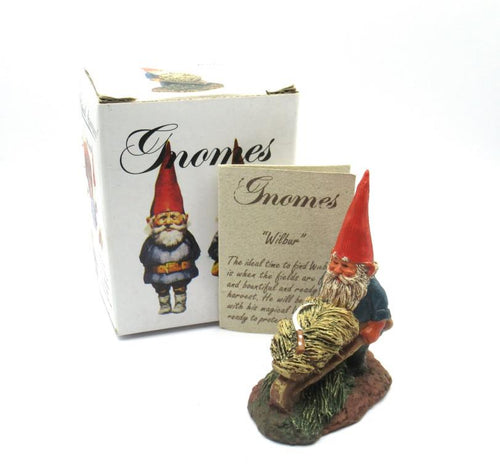Miniature collectible gnomes,, Wilbur, Klaus Wickl 1993, Enesco, Rien Poortvliet, wheel barrow.