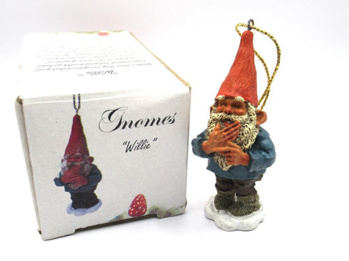 Miniature collectible laughing gnome, Willie, 1996, Enesco, Rien Poortvliet, hanging ornament.
