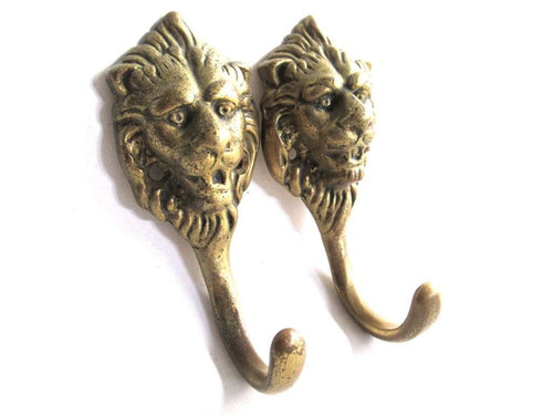 UpperDutch:,Set of 2 Solid Brass Lion Head Coat hooks Wall hooks.