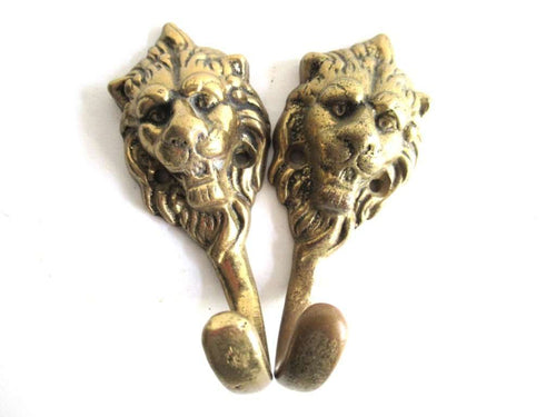 UpperDutch:,Set of 2 Antique Brass Lion Head Coat hooks Wall hooks.