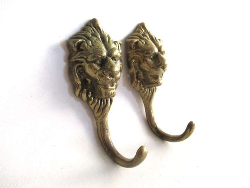 UpperDutch:,Set of 2 Antique Brass Lion Head Wall hooks Coat Hangers.