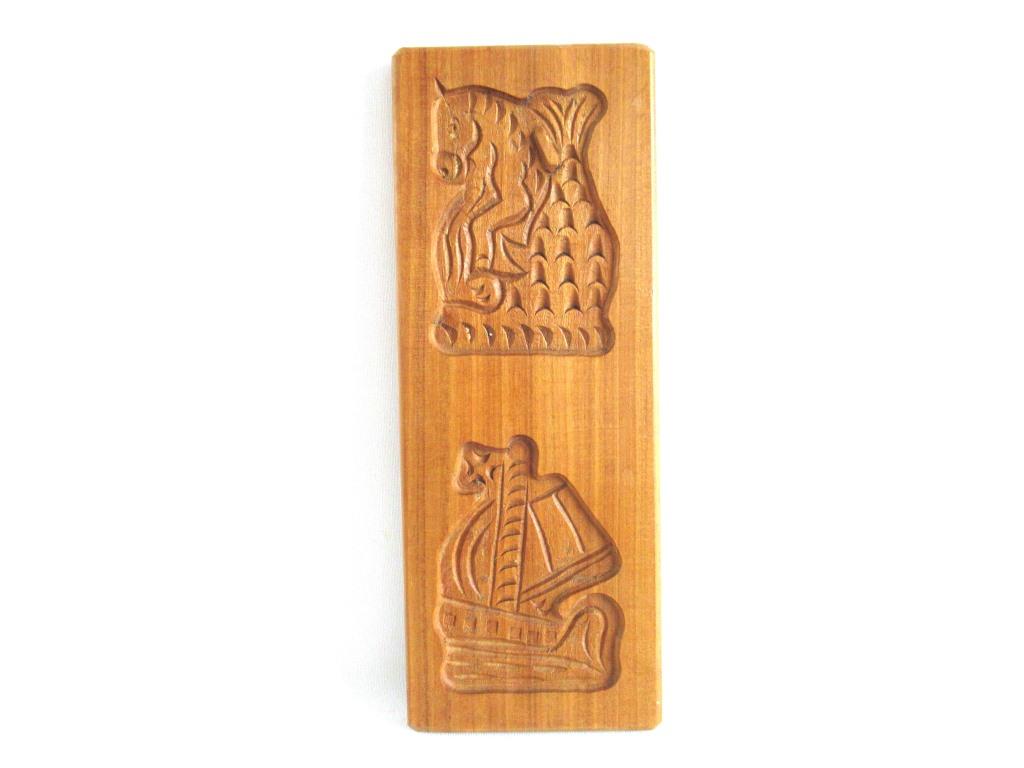 Vintage Wooden cookie mold. Seahorse, Ship, Speculaas plank, Springerle.