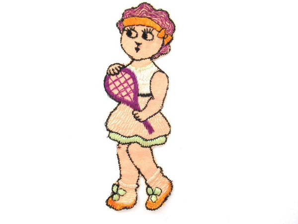 Antique 1930's Silk Applique on Cotton, Lady with tennis racket, Embroidery, Tobacciana Cigarette Insert Card, Turmac