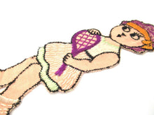 Antique 1930's Silk Applique on Cotton, Lady with tennis racket, Embroidery, Tobacciana Cigarette Insert Card, Turmac