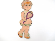 Antique 1930's Silk Applique on Cotton, Lady with tennis racket, Embroidery, Tobacciana Cigarette Insert Card, Turmac