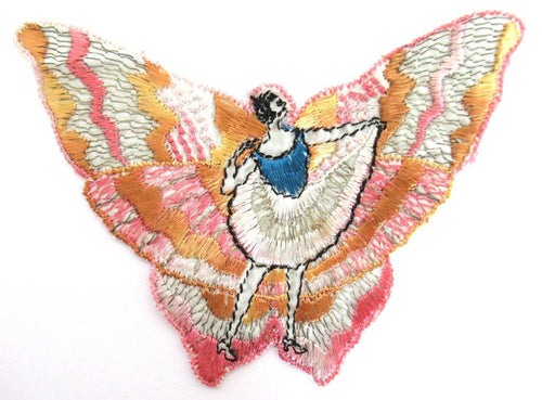 Rare Antique Fairy Applique 1930s, Flapper girl, Silk on Cotton, butterfly, patch.